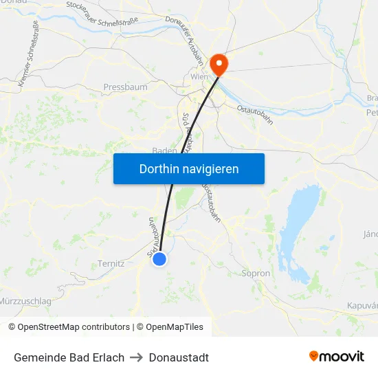 Gemeinde Bad Erlach to Donaustadt map