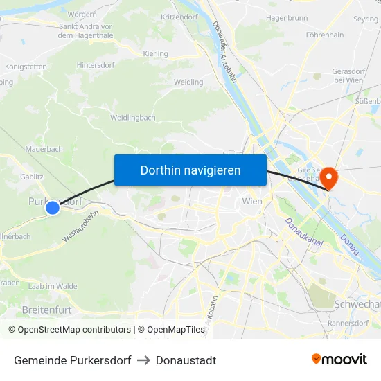Gemeinde Purkersdorf to Donaustadt map