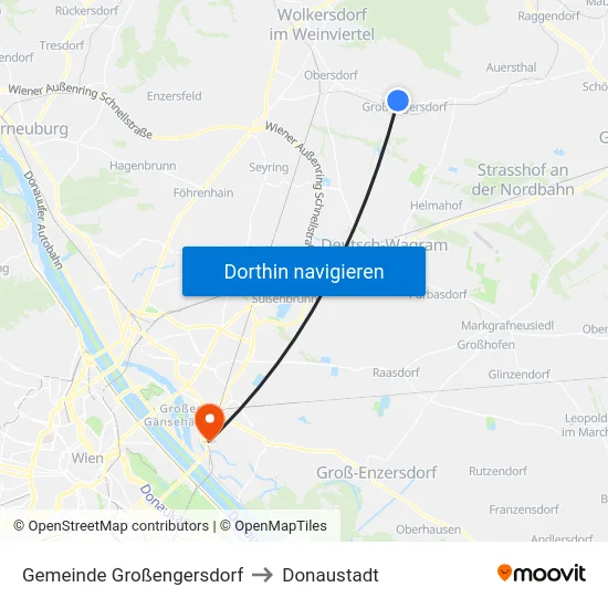 Gemeinde Großengersdorf to Donaustadt map