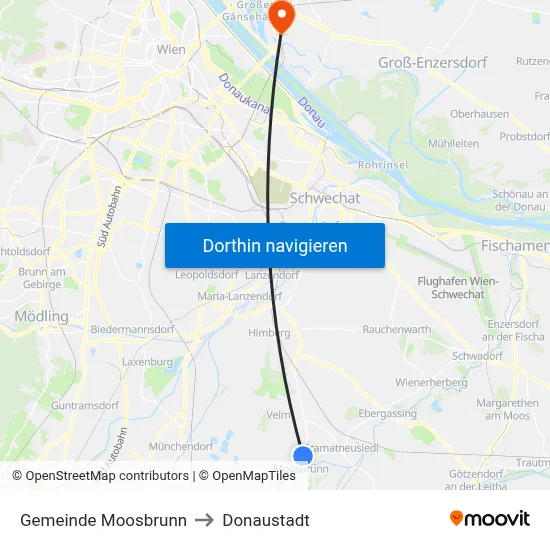Gemeinde Moosbrunn to Donaustadt map