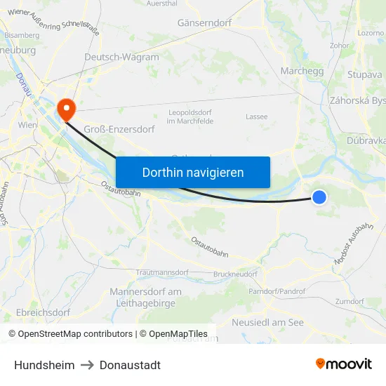 Hundsheim to Donaustadt map