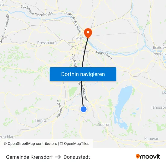 Gemeinde Krensdorf to Donaustadt map
