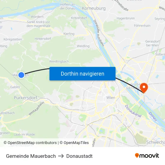 Gemeinde Mauerbach to Donaustadt map