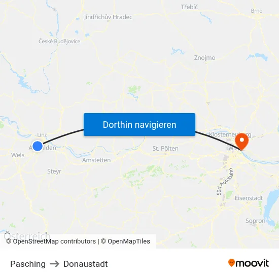 Pasching to Donaustadt map