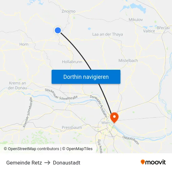 Gemeinde Retz to Donaustadt map