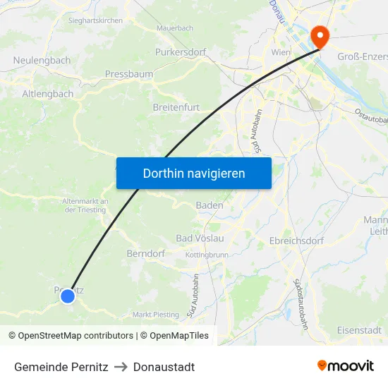 Gemeinde Pernitz to Donaustadt map