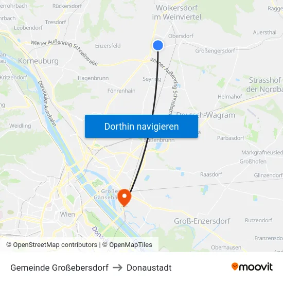 Gemeinde Großebersdorf to Donaustadt map