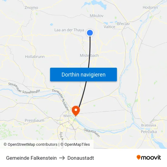 Gemeinde Falkenstein to Donaustadt map