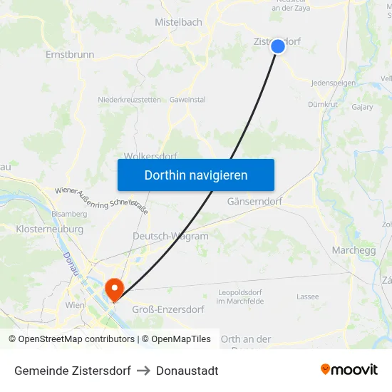 Gemeinde Zistersdorf to Donaustadt map