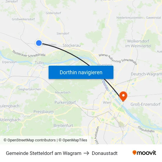 Gemeinde Stetteldorf am Wagram to Donaustadt map