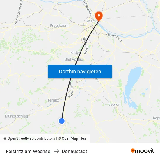 Feistritz am Wechsel to Donaustadt map