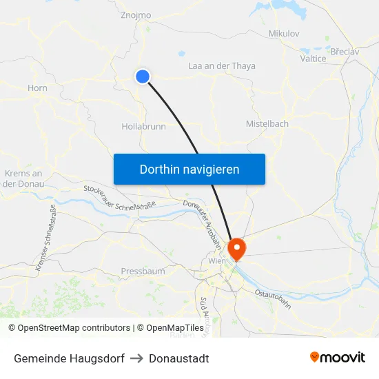 Gemeinde Haugsdorf to Donaustadt map