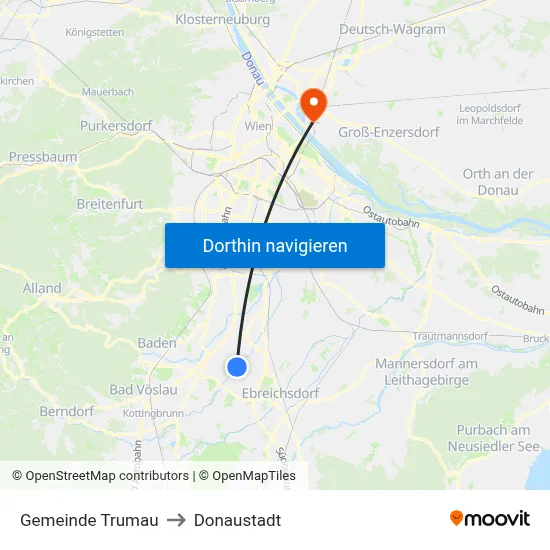 Gemeinde Trumau to Donaustadt map