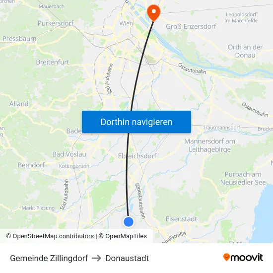 Gemeinde Zillingdorf to Donaustadt map