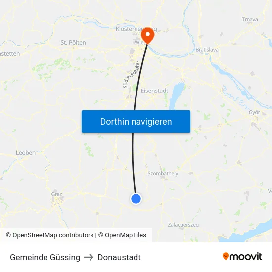 Gemeinde Güssing to Donaustadt map