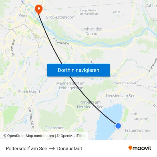 Podersdorf am See to Donaustadt map