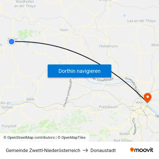 Gemeinde Zwettl-Niederösterreich to Donaustadt map