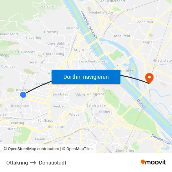 Ottakring to Donaustadt map