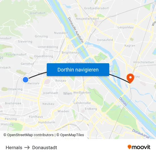 Hernals to Donaustadt map