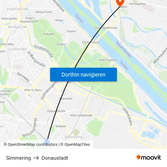 Simmering to Donaustadt map