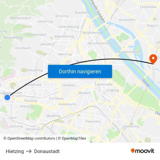 Hietzing to Donaustadt map