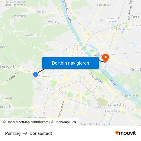 Penzing to Donaustadt map