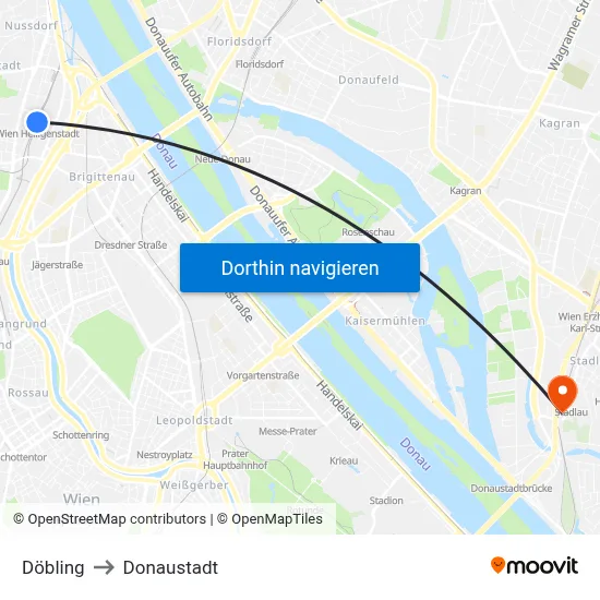 Döbling to Donaustadt map