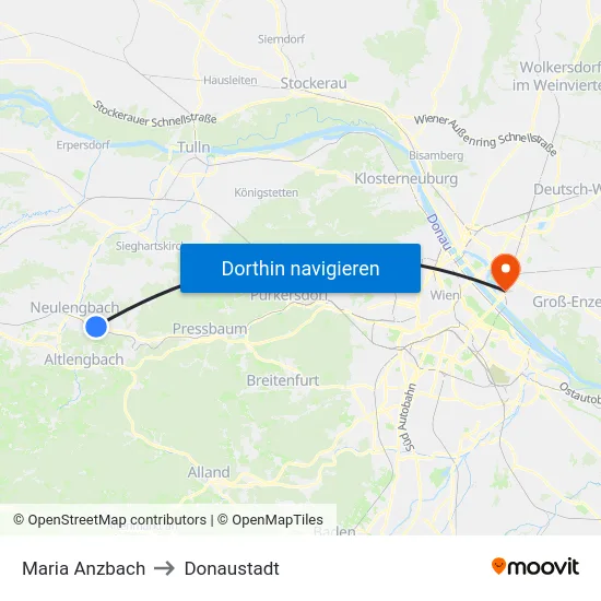 Maria Anzbach to Donaustadt map