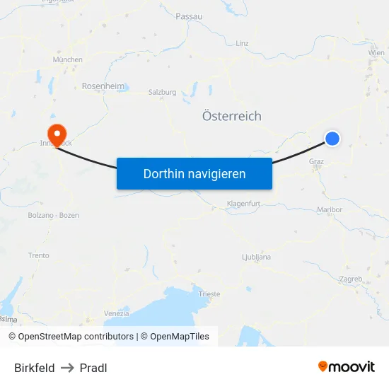 Birkfeld to Pradl map