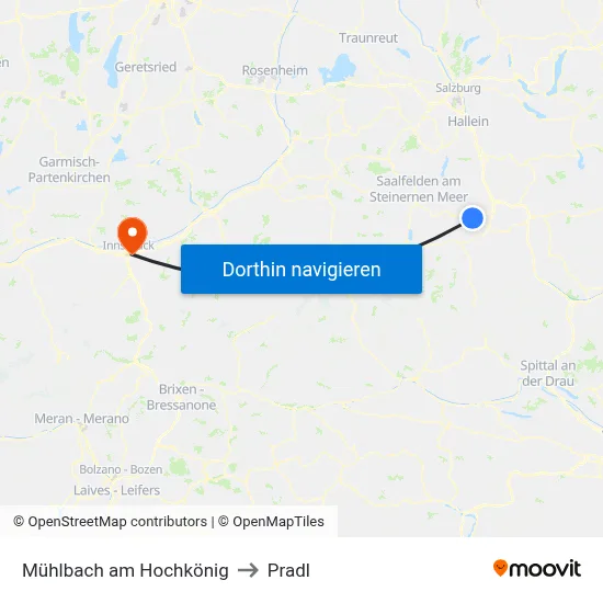 Mühlbach am Hochkönig to Pradl map