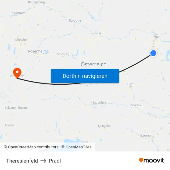 Theresienfeld to Pradl map
