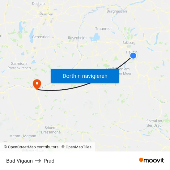 Bad Vigaun to Pradl map