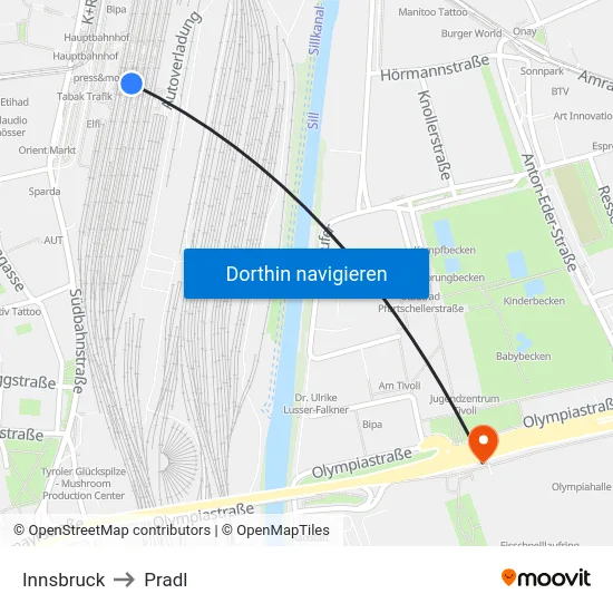 Innsbruck to Pradl map