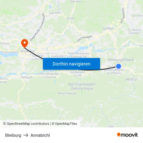 Bleiburg to Annabichl map