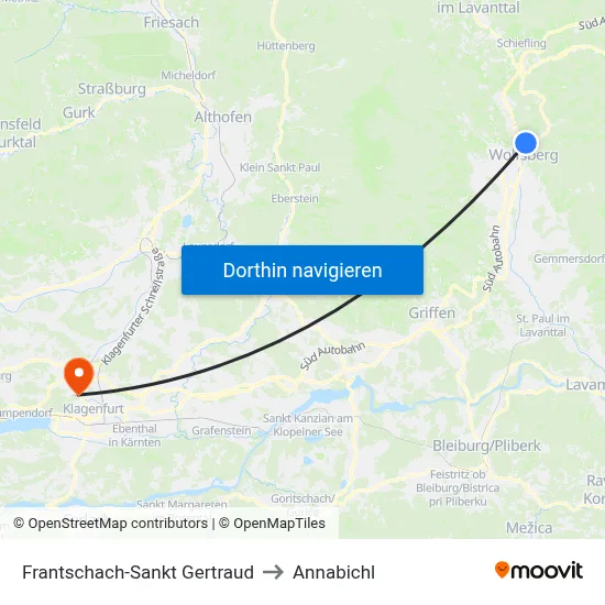 Frantschach-Sankt Gertraud to Annabichl map