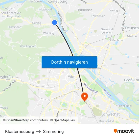Klosterneuburg to Simmering map