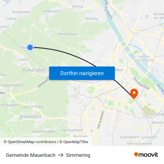 Gemeinde Mauerbach to Simmering map