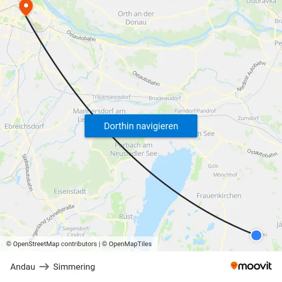 Andau to Simmering map