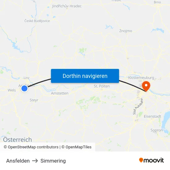 Ansfelden to Simmering map