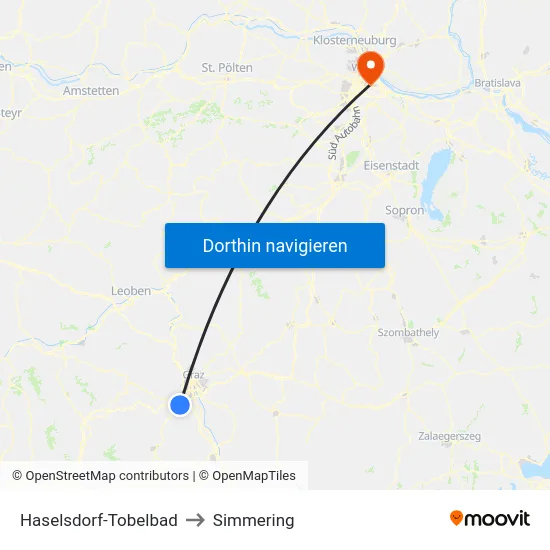 Haselsdorf-Tobelbad to Simmering map