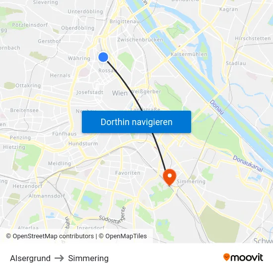 Alsergrund to Simmering map