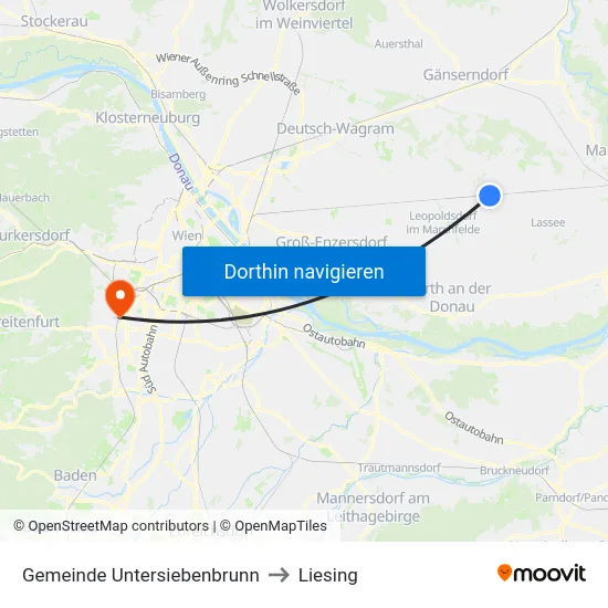 Gemeinde Untersiebenbrunn to Liesing map
