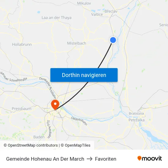 Gemeinde Hohenau An Der March to Favoriten map