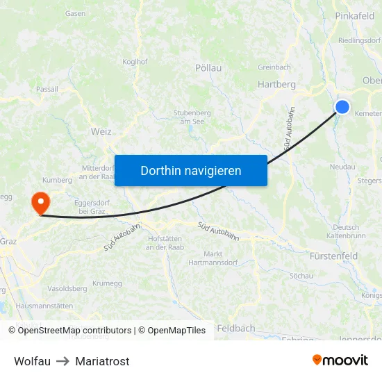 Wolfau to Mariatrost map