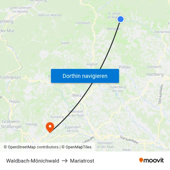 Waldbach-Mönichwald to Mariatrost map