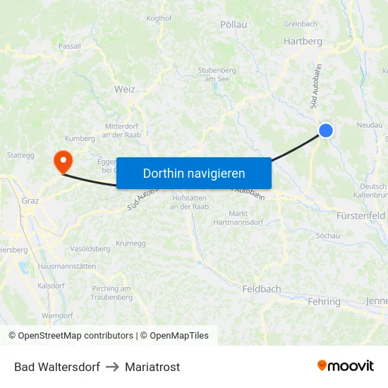 Bad Waltersdorf to Mariatrost map