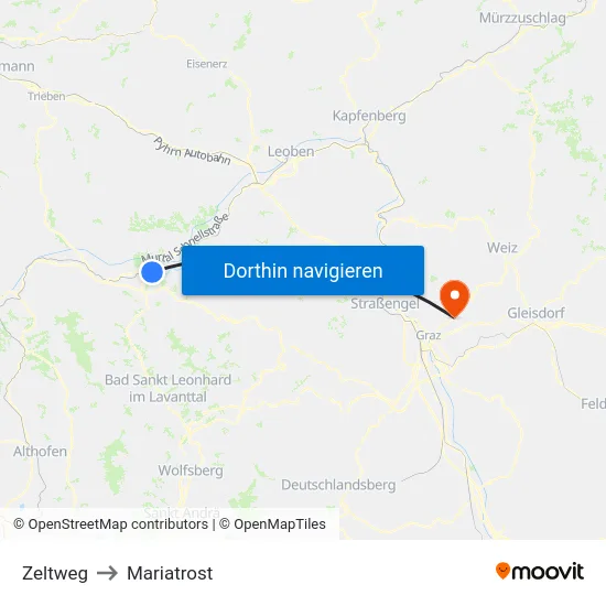 Zeltweg to Mariatrost map