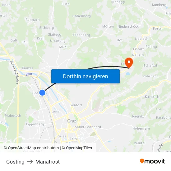 Gösting to Mariatrost map