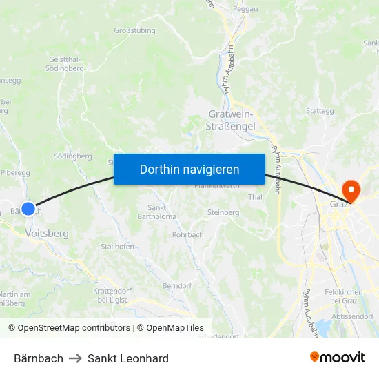 Bärnbach to Sankt Leonhard map