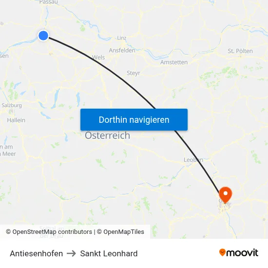 Antiesenhofen to Sankt Leonhard map